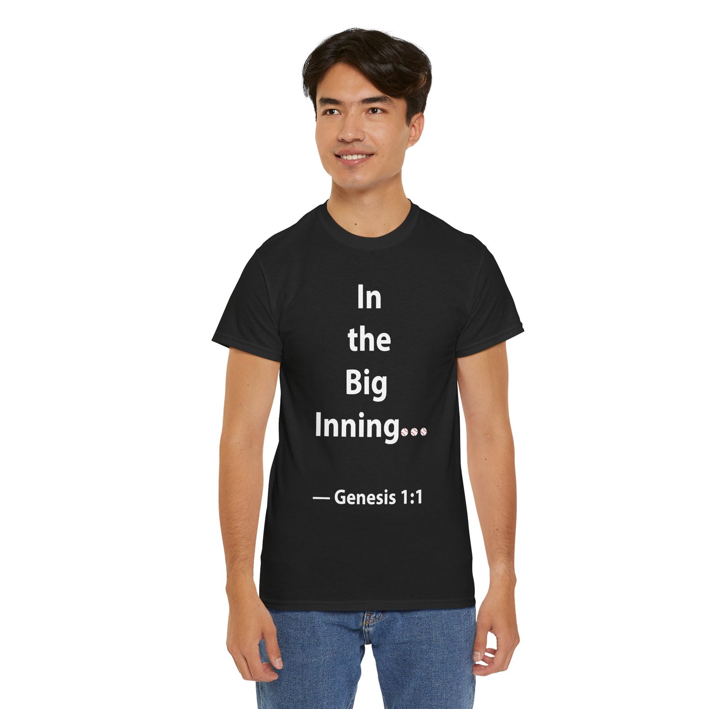 In the Big Inning Genesis 1:1 Unisex Heavy Cotton Tee – Perfect for Baseball Fans and Faith Lovers